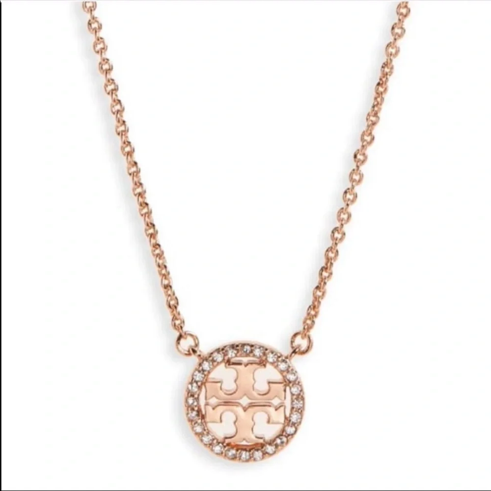 NWOT Tory Burch Rose Gold Tone Pave Circle Double T Logo Pendant Necklace